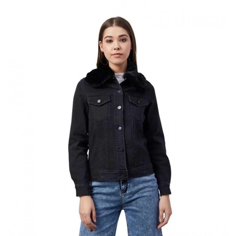 Women's black denim jacket with a faux fur collar and long sleeves
