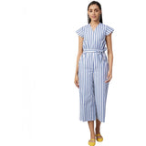 Women's blue cotton-polyester blend striped short sleeve jumpsuit