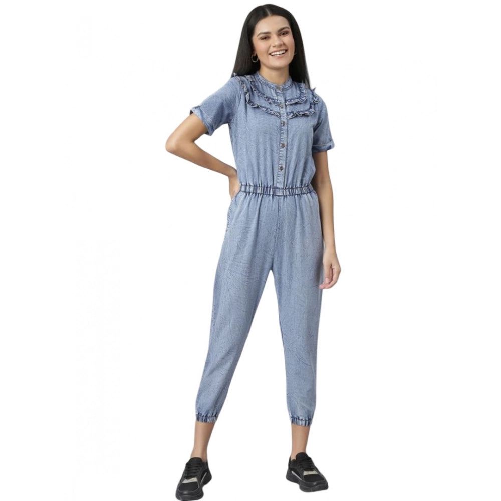 Women's blue denim jumpsuit with tie waist