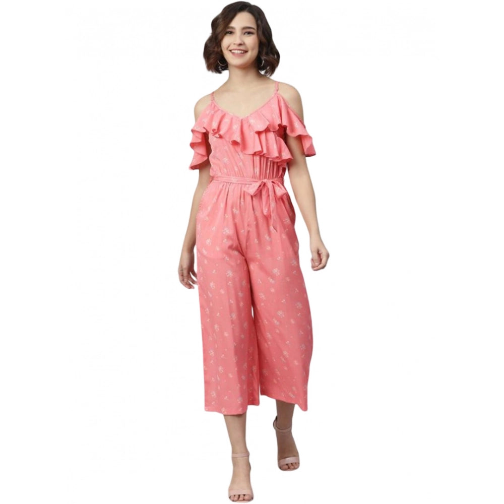 Women's pink floral jumpsuit, sleeveless, cold shoulder style, polyester fabric