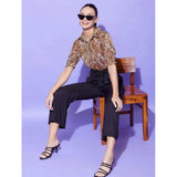 Women's orange black polyester animal print half sleeve jumpsuit