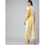 Women's rayon striped short sleeve jumpsuit in yellow and white