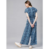 Women's short sleeve rayon jumpsuit in blue, with tied waistband and short sleeves