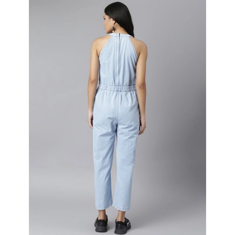 Women's blue denim jumpsuit, sleeveless