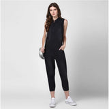 Black denim sleeveless jumpsuit for women