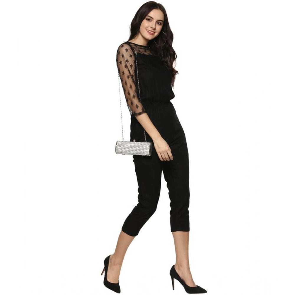 Black polyester 3/4 sleeves women's jumpsuit, self-designed