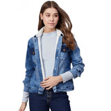 Long sleeve denim jacket for women, blue, with belted waist