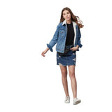 Women's blue denim jacket with long sleeves