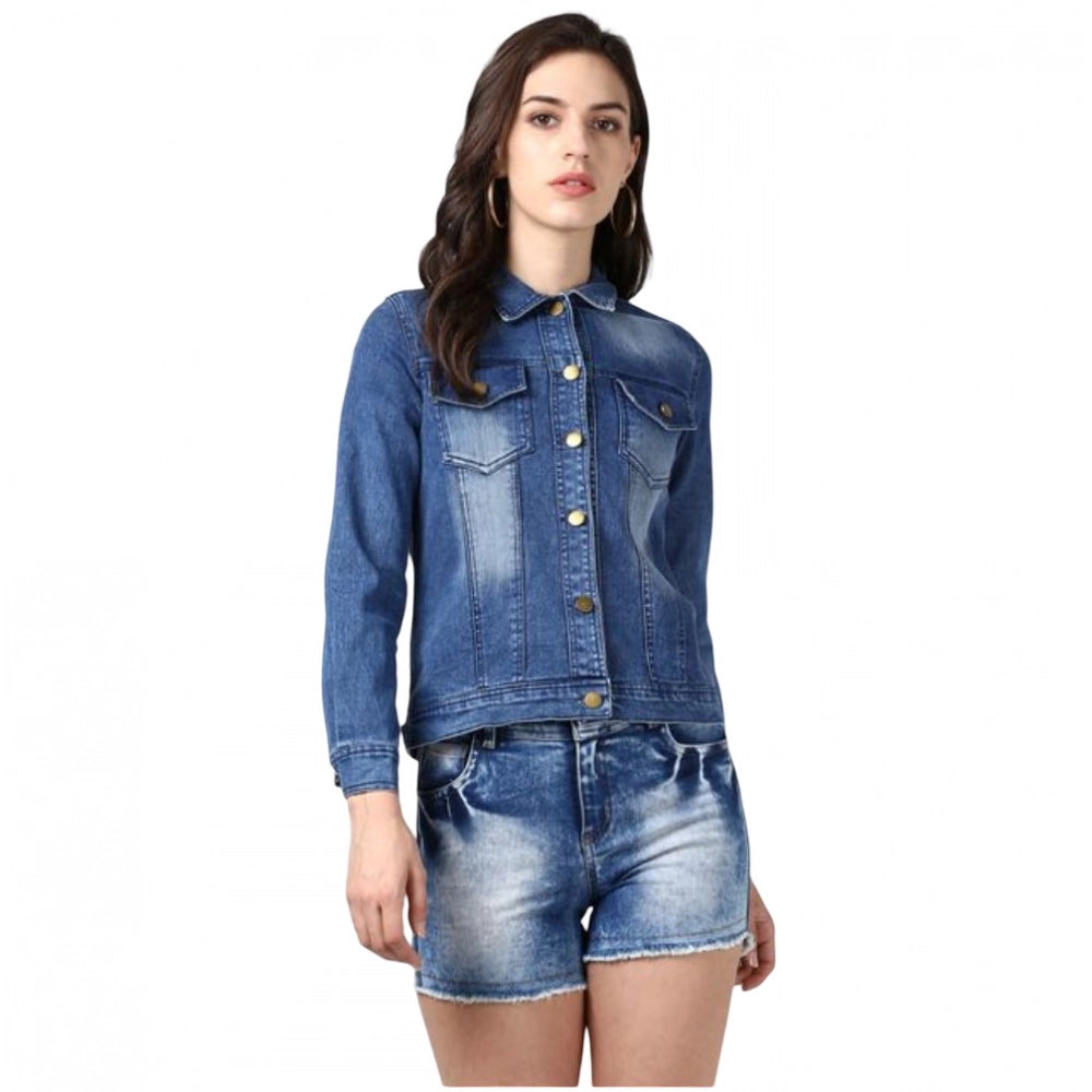 Women's blue denim jacket with hand paint design, long sleeves
