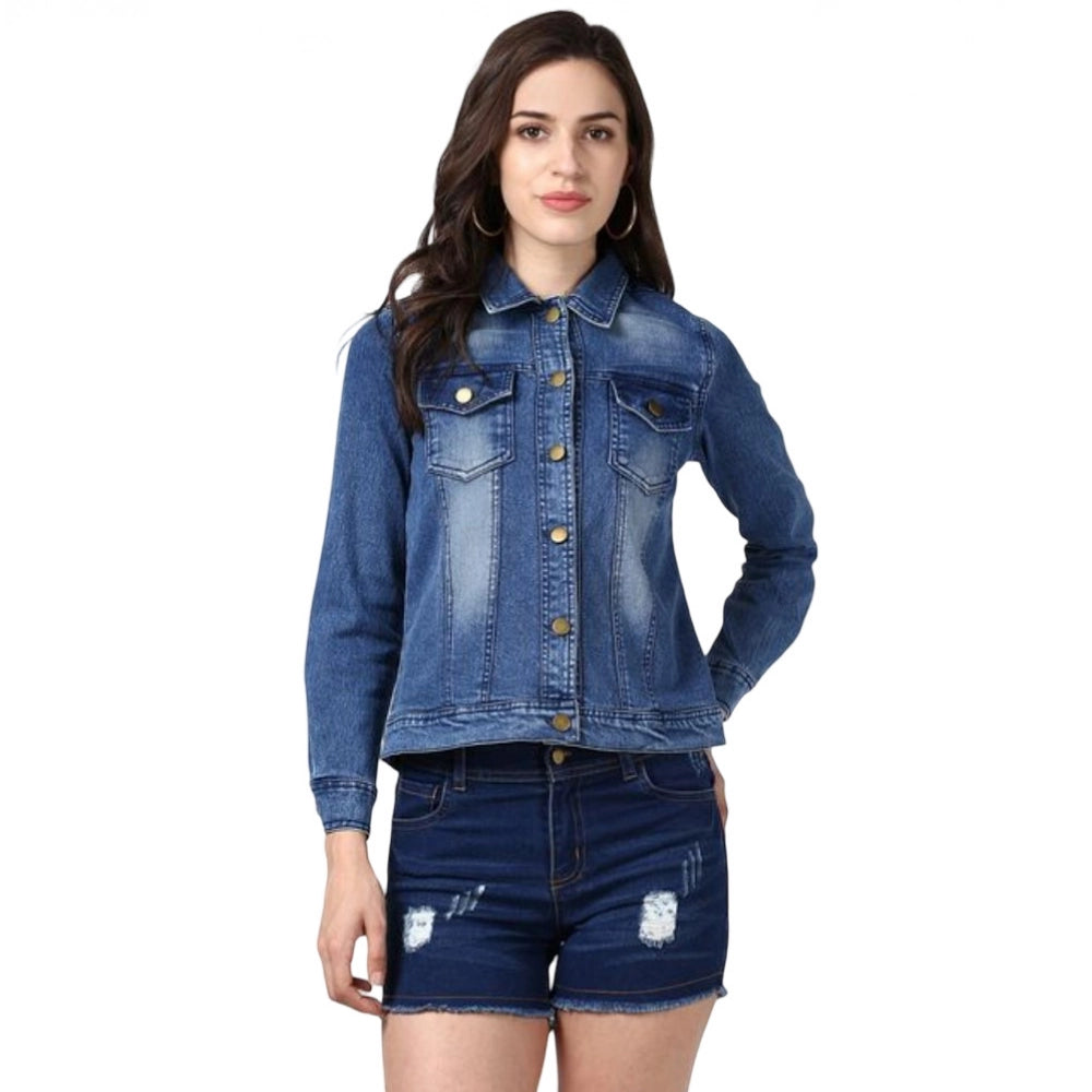 Women's denim hand painted long sleeve jean jacket in blue with distressed finish and short sleeves