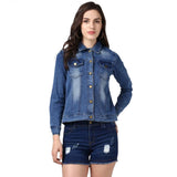 Women's denim hand painted long sleeve jean jacket in blue with distressed finish and short sleeves