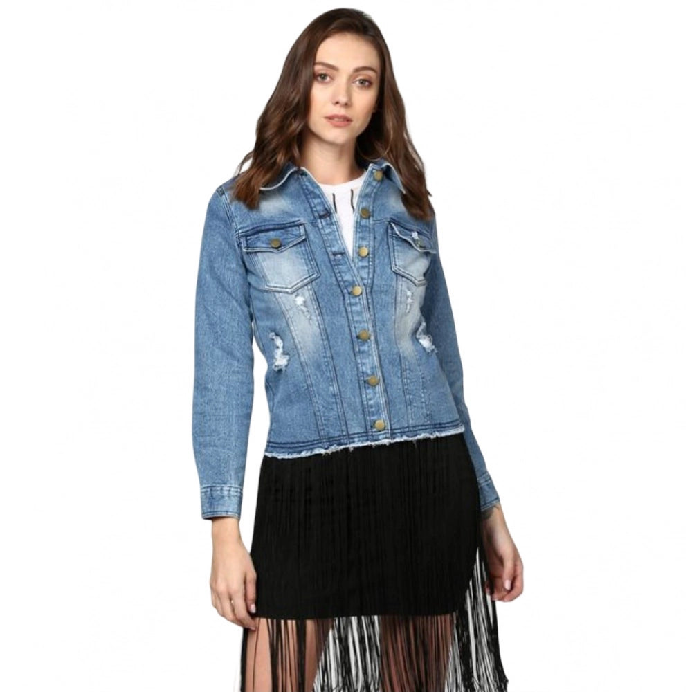 Blue denim jacket with frayed sleeves, oversized, long sleeve