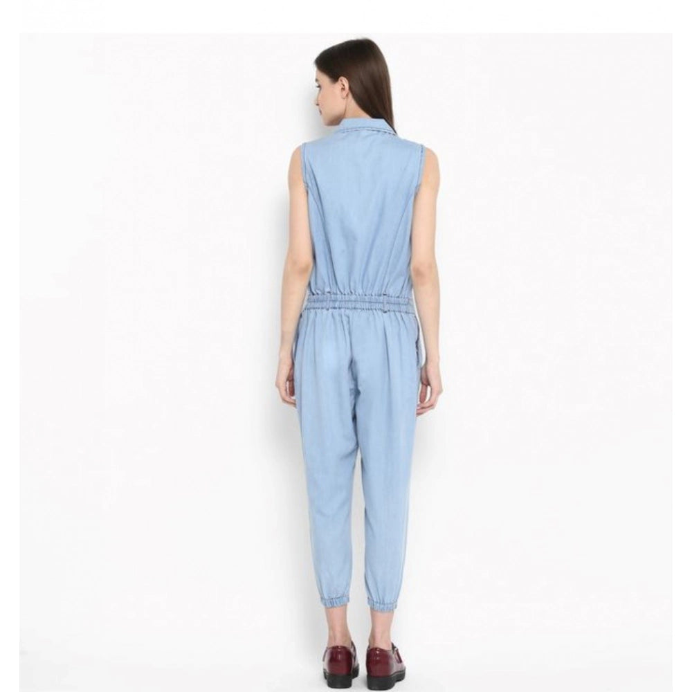 Blue denim women's sleeveless jumpsuit, solid pattern, calf length