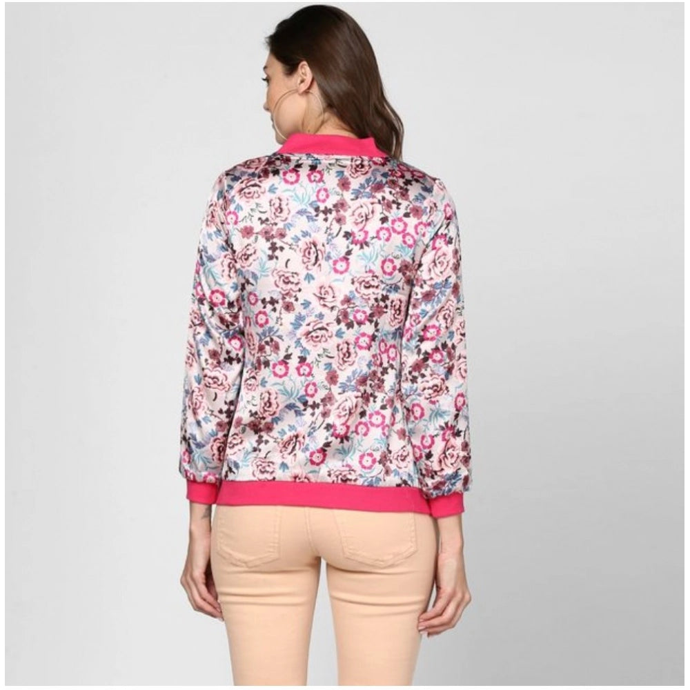 A multicolor satin jacket with floral print design on a woman