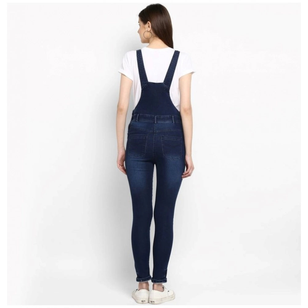Women's blue denim solid dungaree pant