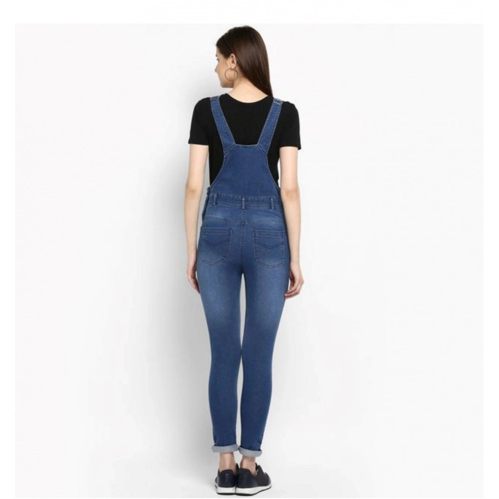 Women's blue denim solid dungaree pant