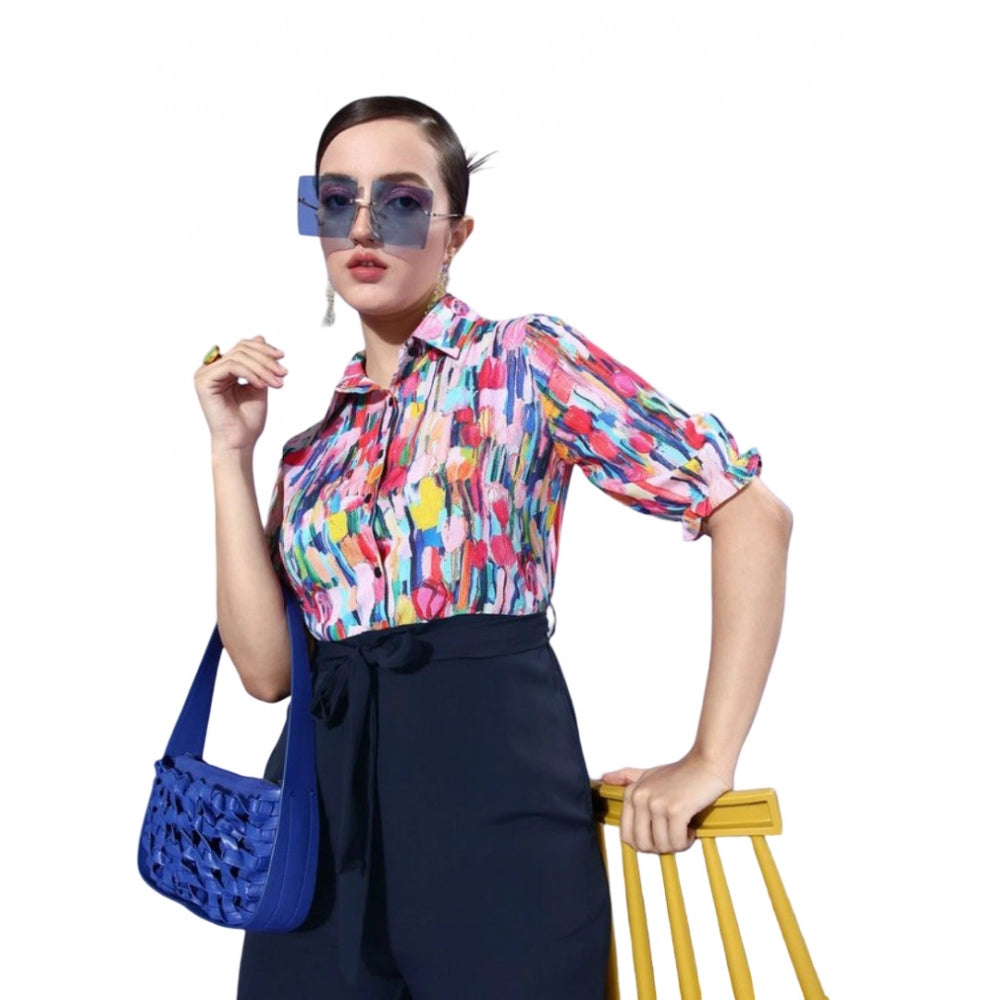 Women's navy blue polyester 3/4 sleeve printed jumpsuit