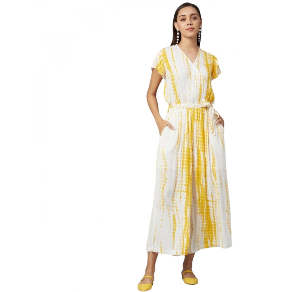 Women's rayon striped short sleeve jumpsuit (yellow-white)