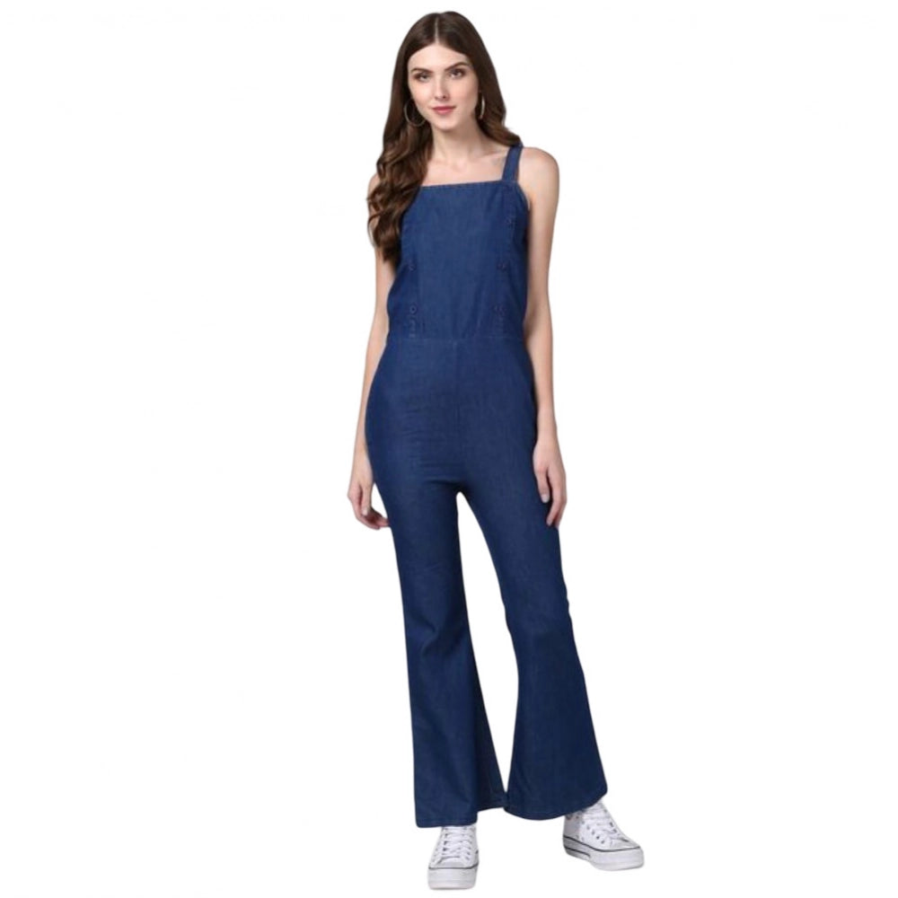 Blue women's denim jumpsuit with shoulder straps