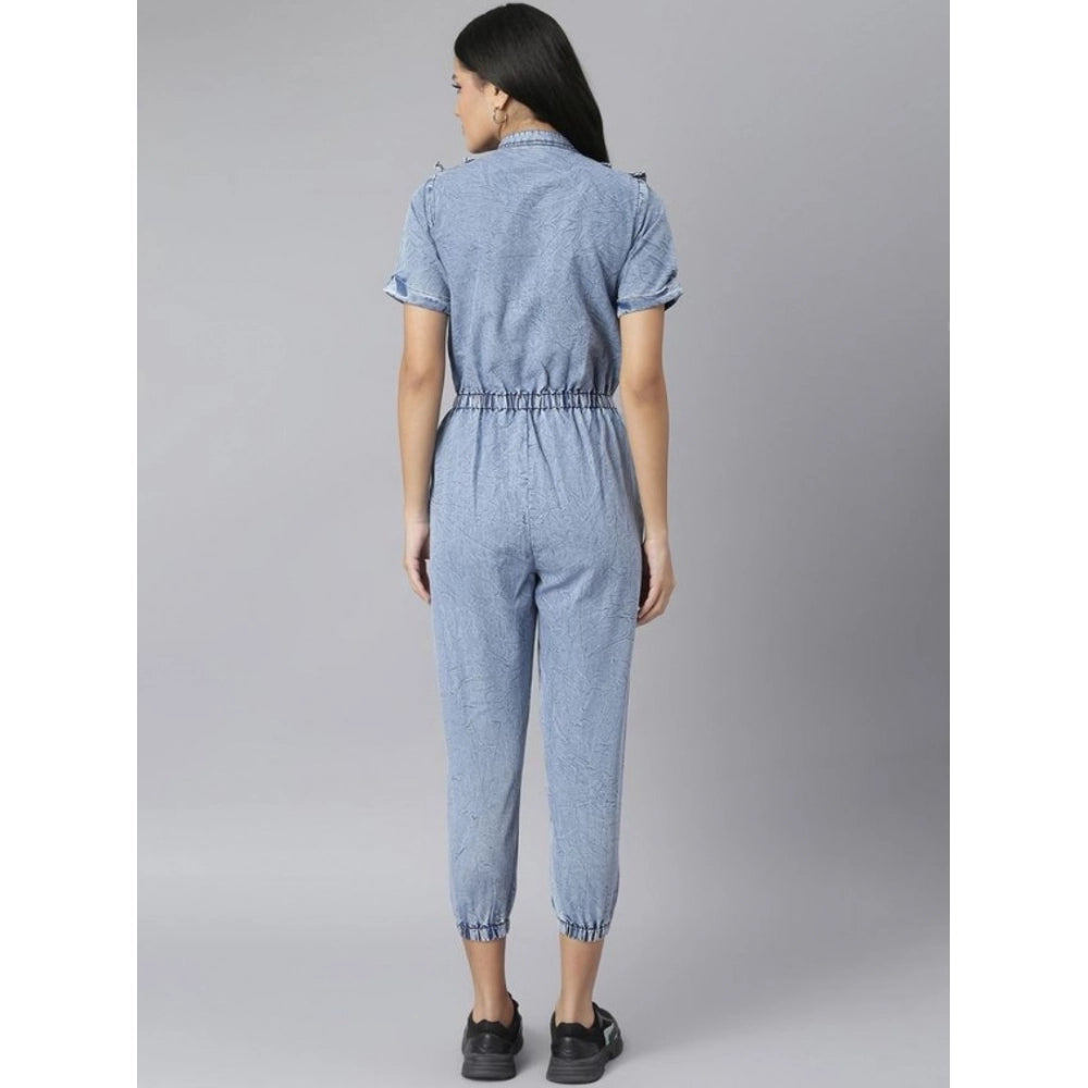 Women's blue denim jumpsuit with tie ups