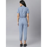 Women's blue denim jumpsuit with tie ups