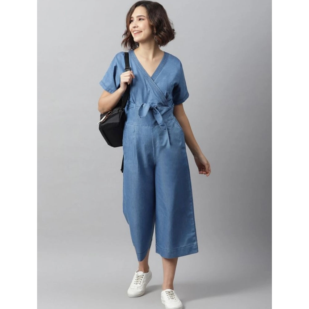Blue denim jumpsuit with half sleeves
