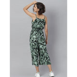 Women's jumpsuit with shoulder straps and tropical print, black and green colorway