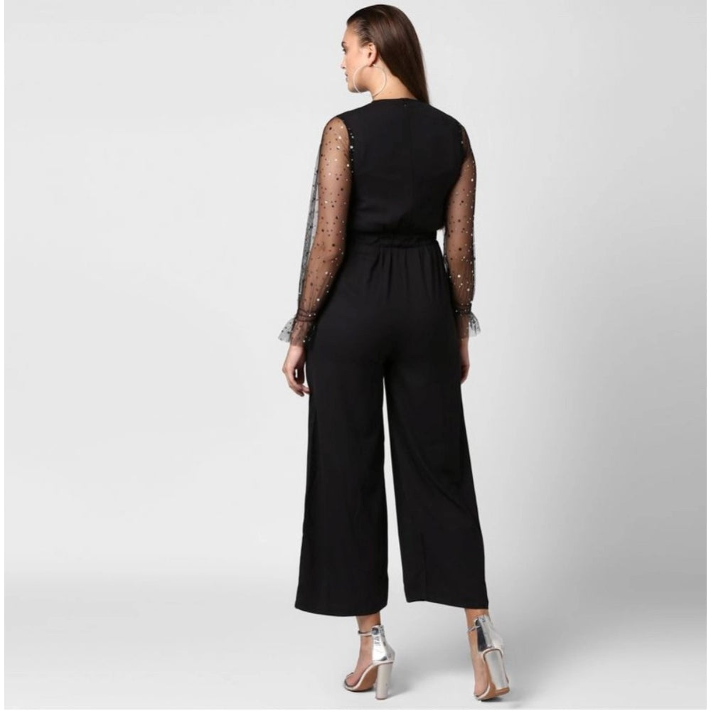 Women's black polyester long sleeved jumpsuit with lace detailing