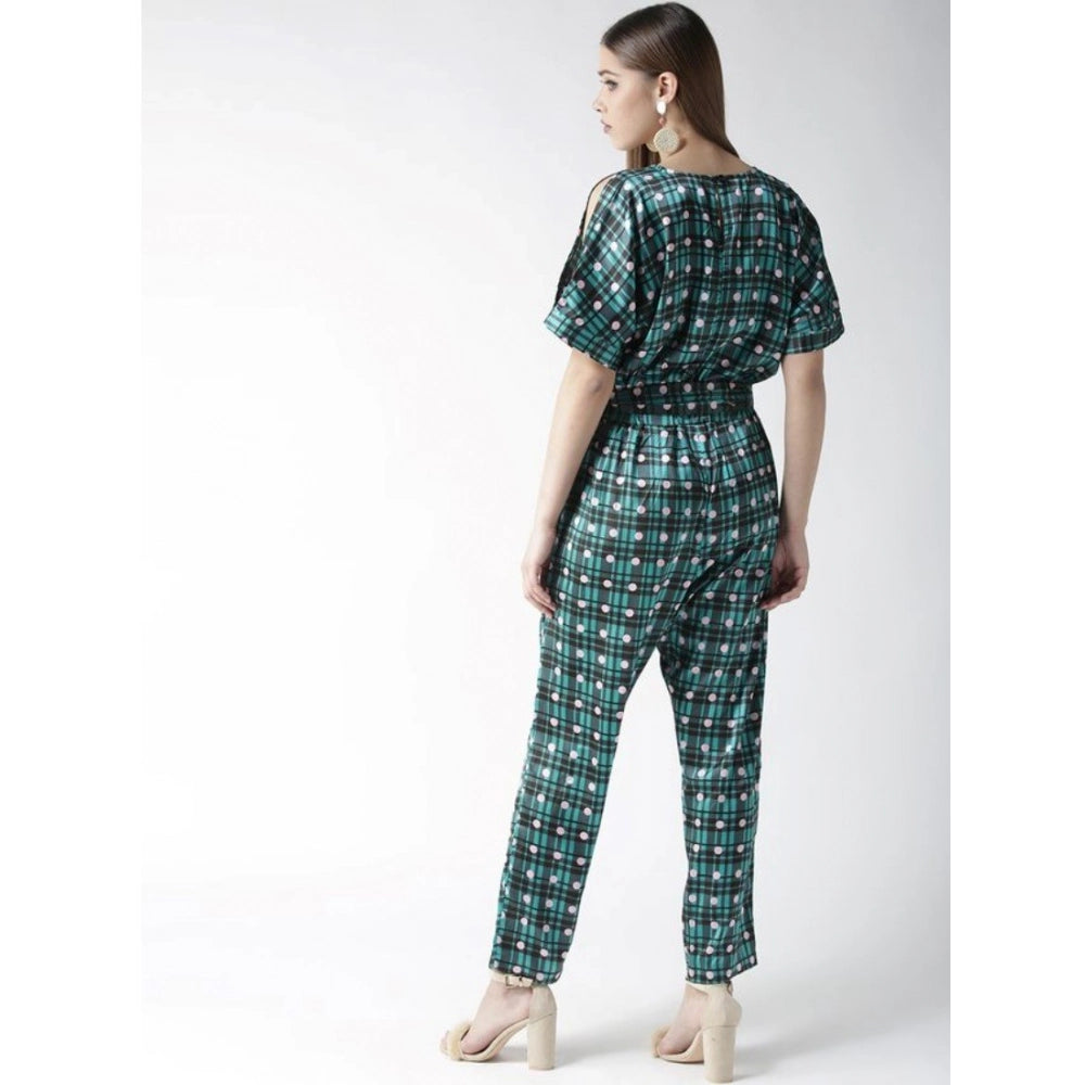 Women's polyester polka dot half sleeve jumpsuit, green