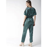 Women's polyester polka dot half sleeve jumpsuit, green