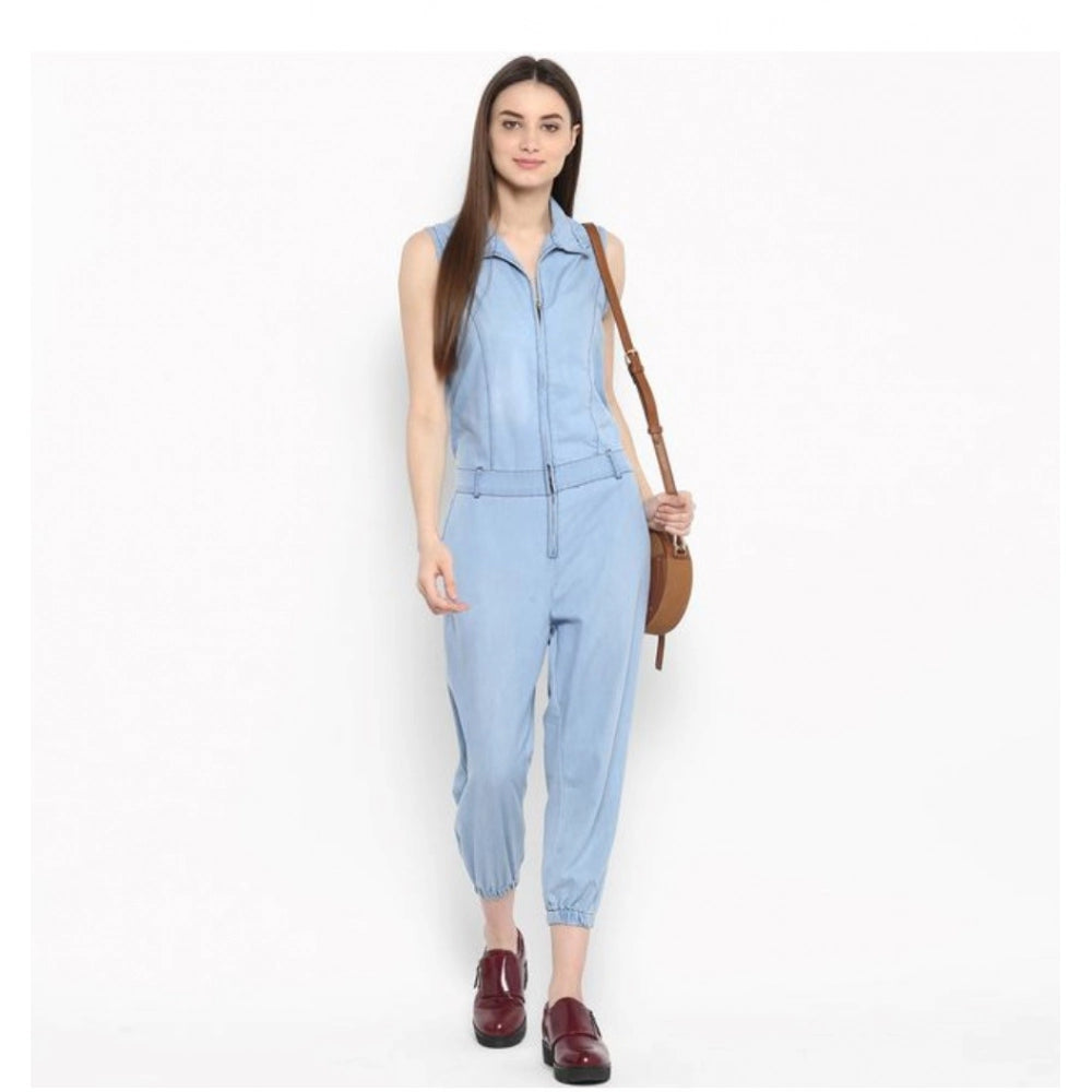 Blue denim women's sleeveless jumpsuit, solid design with calf-length cut