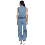 Women's blue denim sleeveless jumpsuit