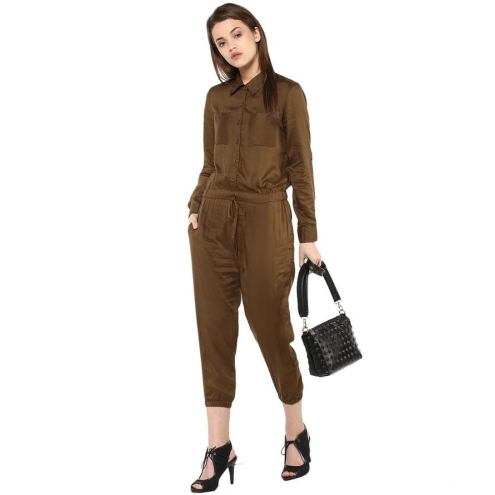 Olive rayon jumpsuit with high neck, long sleeves