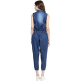 Women's blue denim jumpsuit, sleeveless