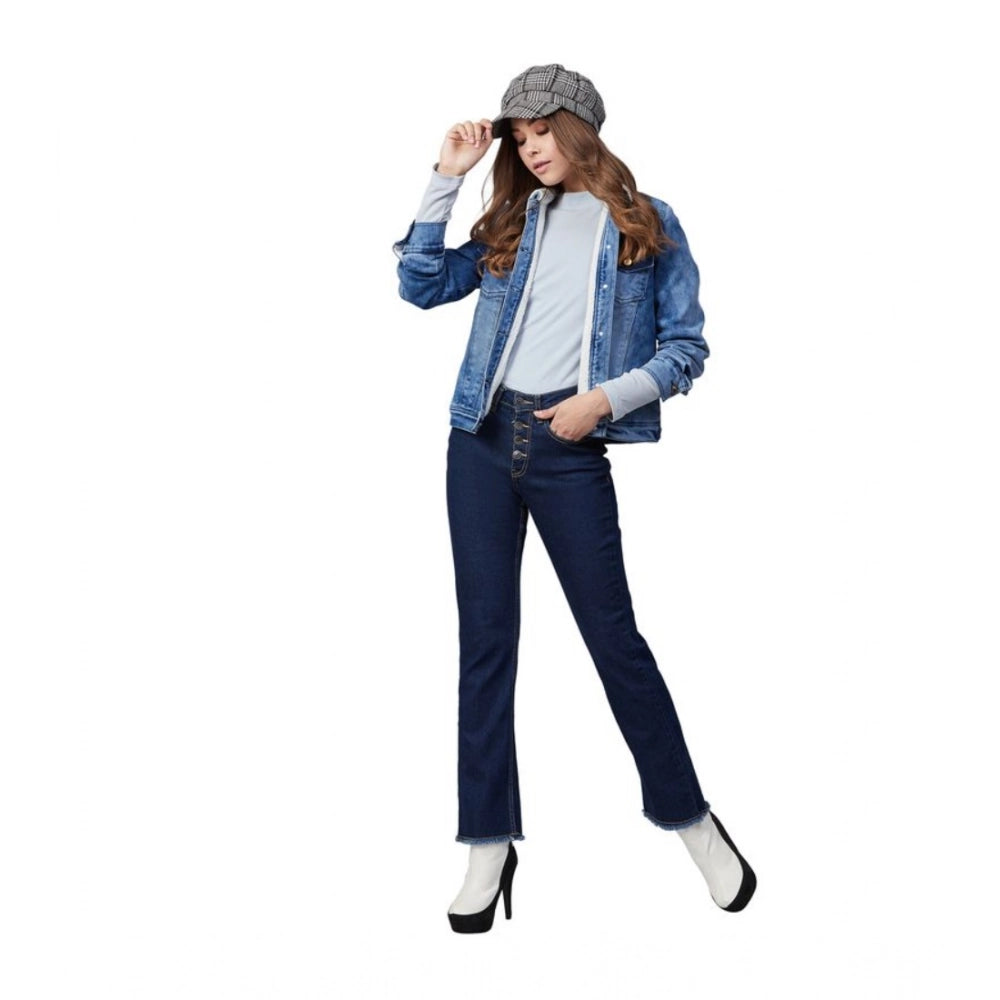 Blue denim jacket with long sleeves, women's style
