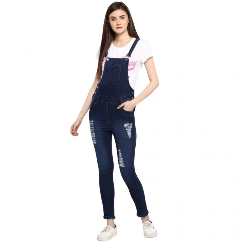 Blue denim dungarees with white tee, zipper fly and pockets