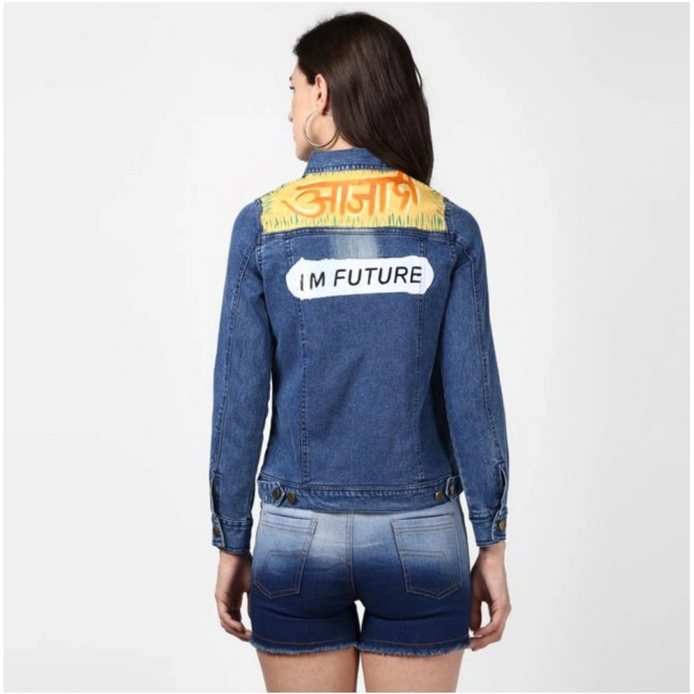 Denim hand painted long sleeve jacket for women, featuring a large Indian language text on it
