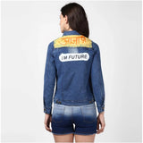 Denim hand painted long sleeve jacket for women, featuring a large Indian language text on it