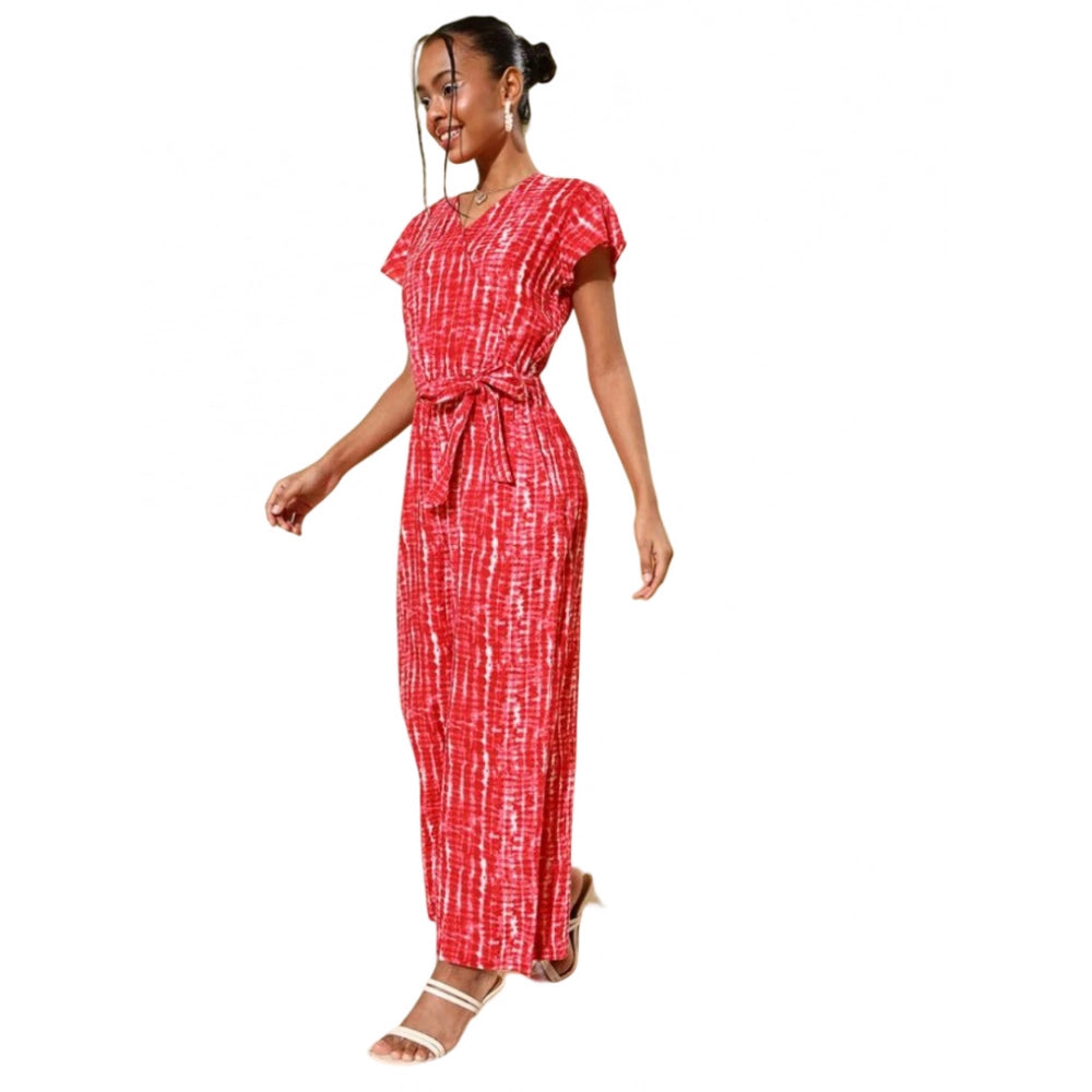 Women's rayon tie dye short sleeved jumpsuit, red