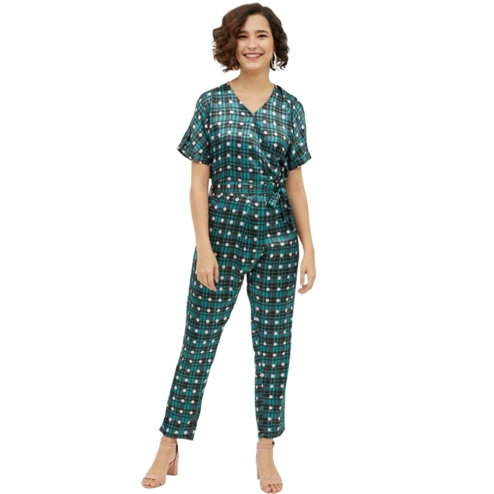 Green polyester short-sleeved jumpsuit