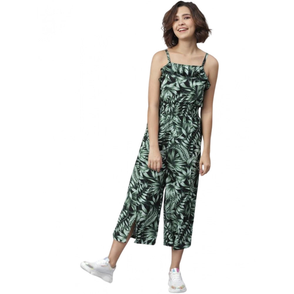Women's printed polyester jumpsuit with shoulder straps in black and green