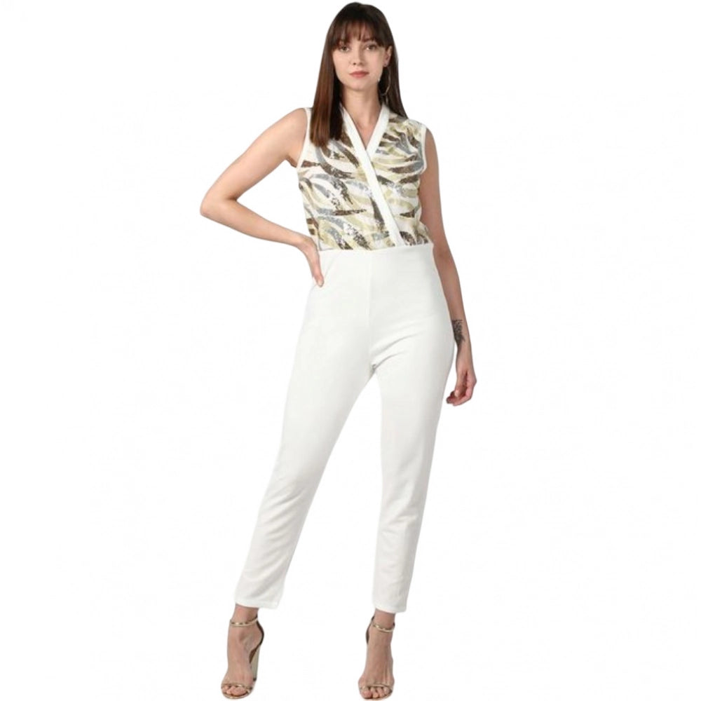 Women's white sleeveless jumpsuit with polyester fabric and embellishments