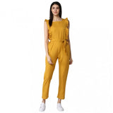 Yellow cotton jumpsuit with ruched sleeves