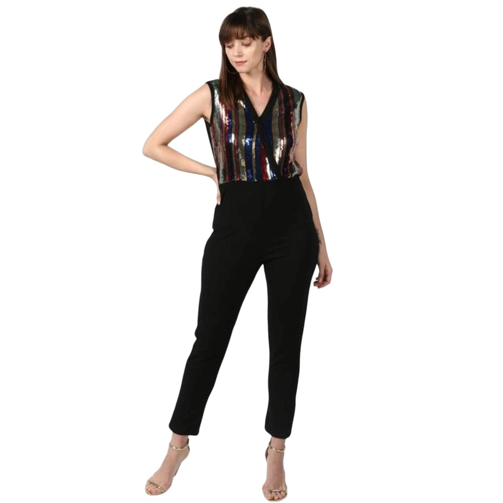 Black polyester sleeveless jumpsuit with embellishments