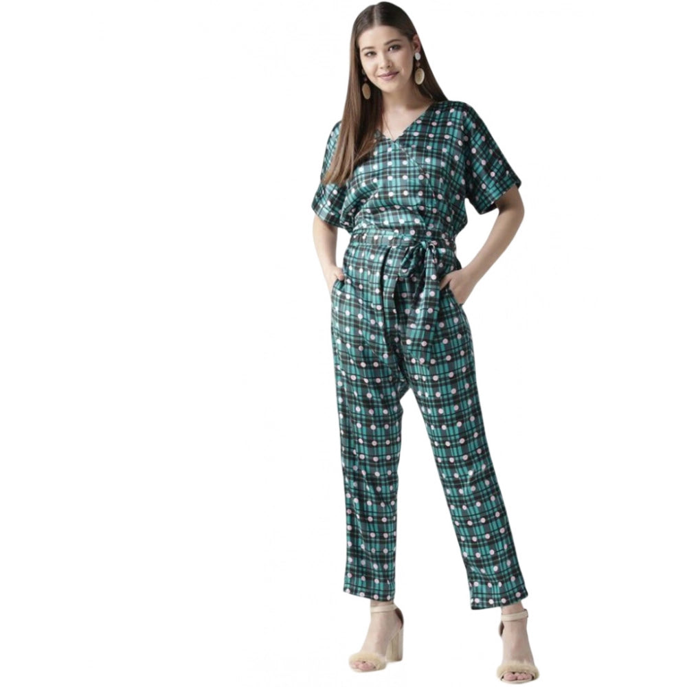 Green polyester polka dot jumpsuit with half sleeves