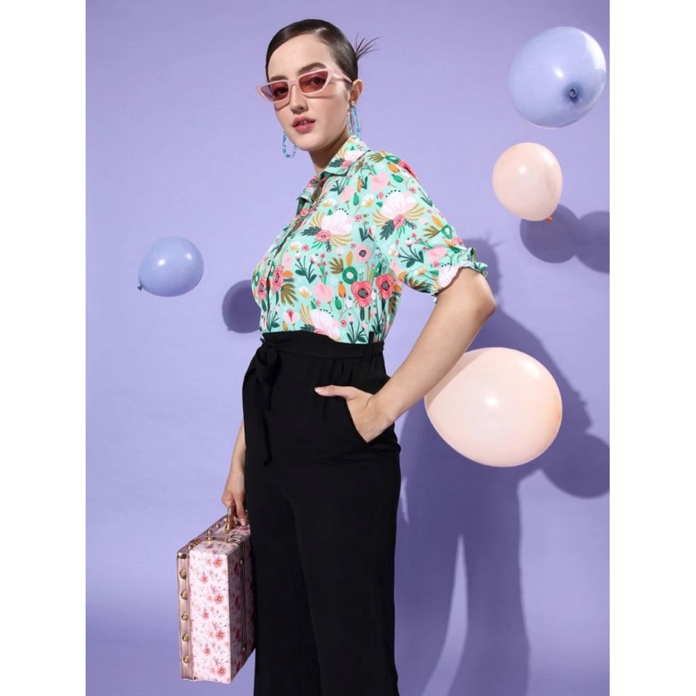 Women's polyester 3/4 sleeve jumpsuit with floral print, available in green and black