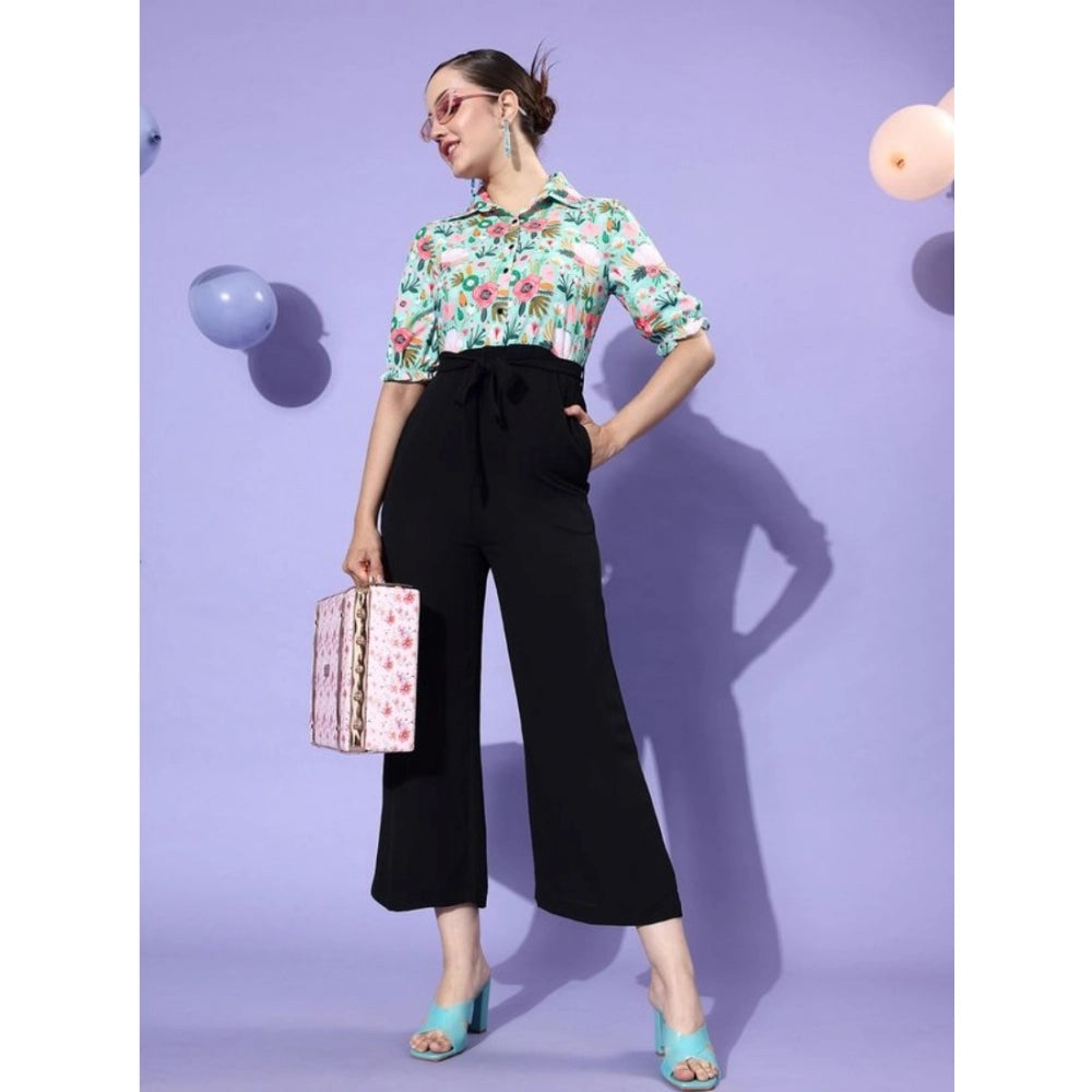 Women's 3/4 sleeve jumpsuit with polyester fabric, featuring a green and black printed pattern