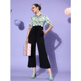 Women's 3/4 sleeve jumpsuit with polyester fabric, featuring a green and black printed pattern