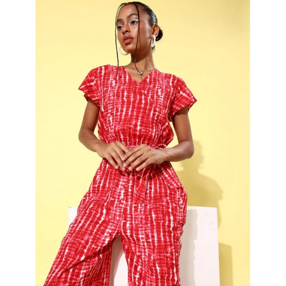 Red tie-dye jumpsuit, women's rayon, short sleeve