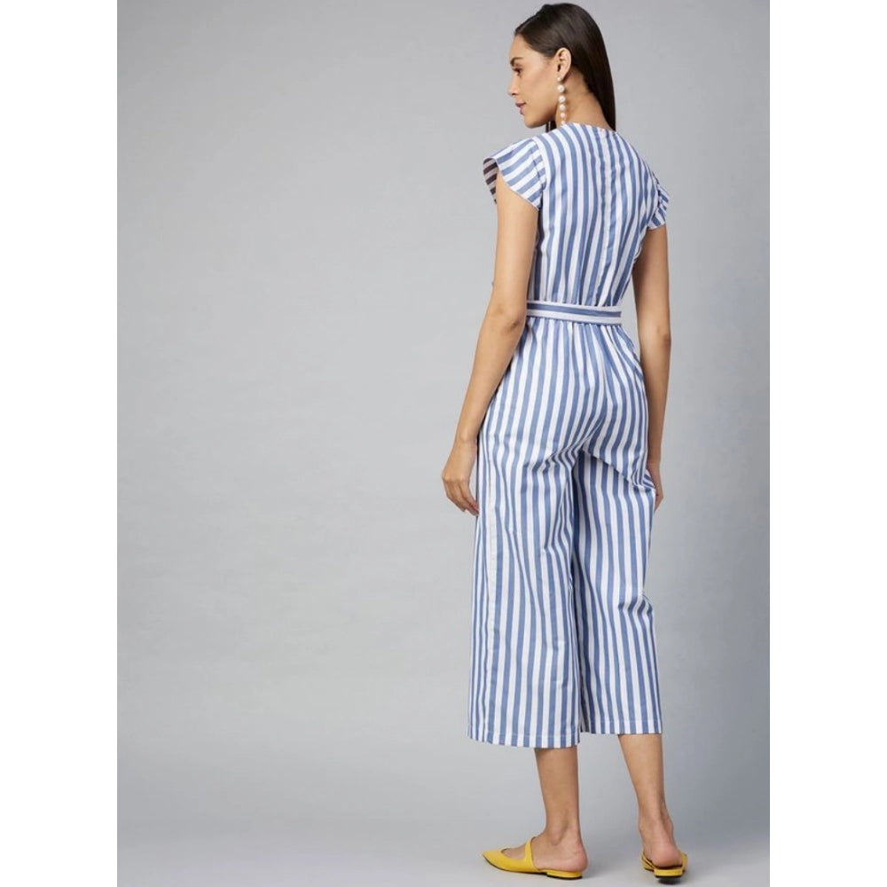 Women's blue striped cotton-polyester blend short sleeves jumpsuit